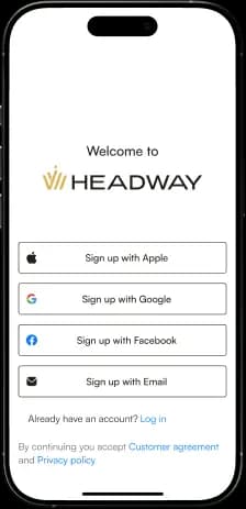 Ảnh chụp màn hình điện thoại hiển thị ứng dụng giao dịch Headway