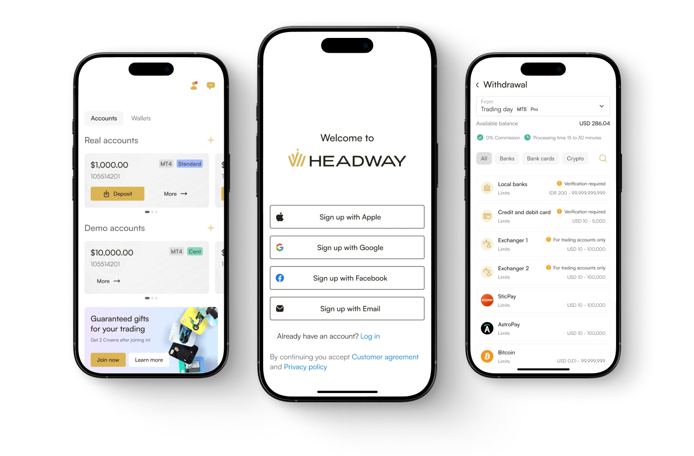 Ảnh chụp màn hình điện thoại hiển thị ứng dụng giao dịch Headway